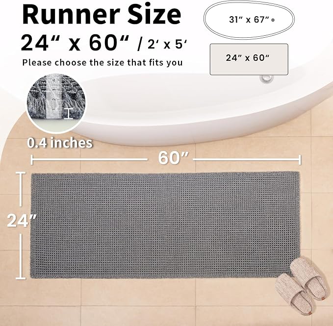 Waffle Runner Bath Mat - Long Boho Bathroom Rugs Non Slip Washable, Super Absorbent & Quick Dry, Soft Bath Mat Farmhouse Bathroom Decor, 24'' x 60'', Dark Grey