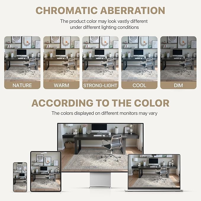 48"x72" Office Chair Mat for Hardwood Tile Floor, Under Desk Carpet Protector for Rolling Computer Chair Mat, Machine Washable Area Rug, Anti-Slip 1/5" Thick Low Pile Thin Floor Mat, Khaki Blue