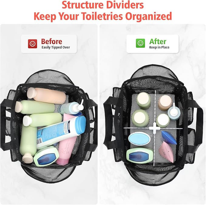 F-color Mesh Shower Caddy Portable with Dividers - Upgrade Deeper 7 Pockets Dorm Room Essentials with S Hook, Shower Bag Basket Tote for Guys Girls College Camping Toiletry Bathroom, Black