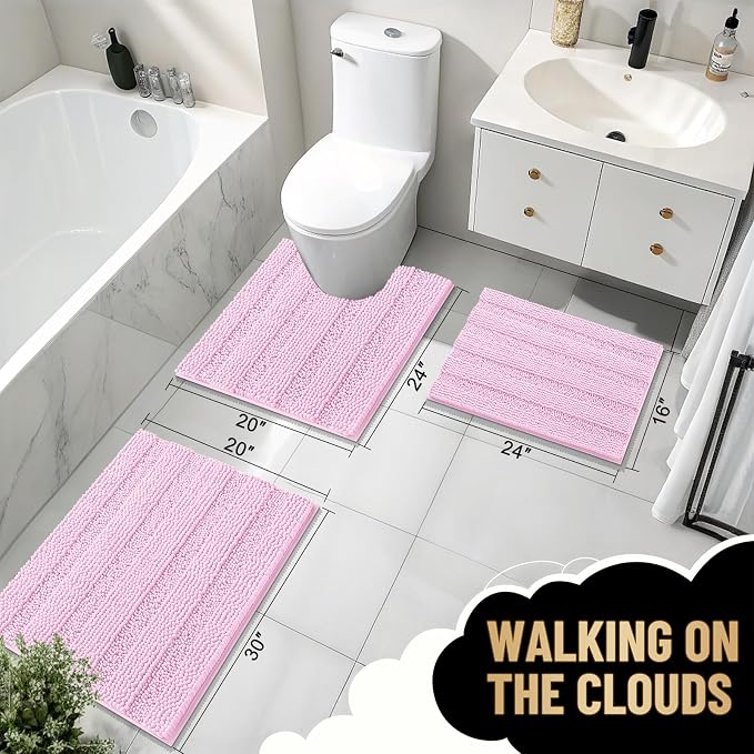 OLANLY Thick Bathroom Runner Rugs 44x24, Extra Absorbent Chenille Striped Bath Rugs, Rubber Backing, Machine Wash Dry, Long Bath Mats for Bathroom Floor, Tub and Shower, Home Decor Accessories, Pink