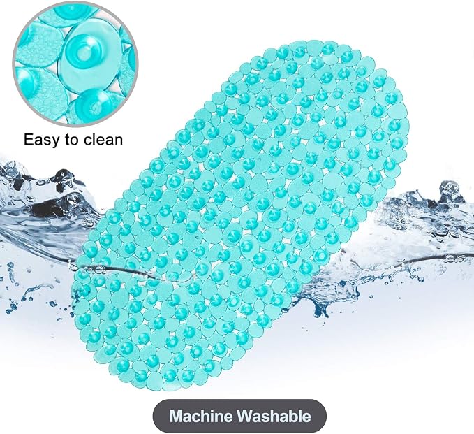 WELTRXE Pebbles Bath Mat Oval Non-Slip Bathtub Mat with Suction Cups, Drain Holes for Bathroom Showers, Tub, Machine Washable, BPA, Latex Free Safe Shower Mats, 27 x 14 Inch, Teal