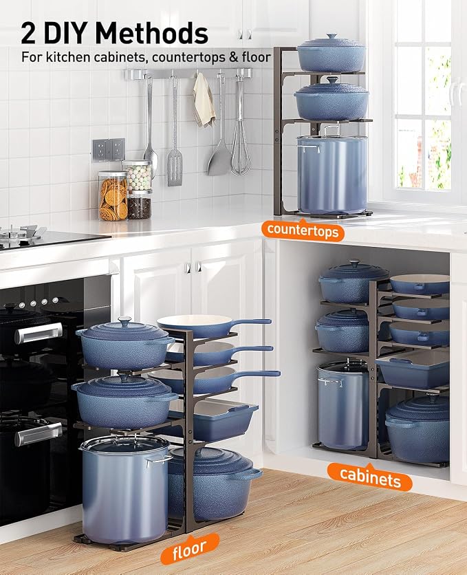 ORDORA Pots and Pans Organizer under Cabinet, 20.8" Height Heavy Duty 120LBS Pots Pans Organizer Rack for Cabinet 8-Tier Adjustable for Big Stockpots, Dutch Oven, Cast-iron Pan, Heavy Cookware, Bronze