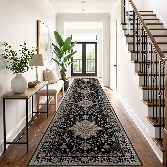 RELEANY Area Rugs Runner 3'x20' Washable Non-Slip, Floral Vintage Distress Medallion Carpet for Kitchen Hallway Bedroom Beside Laundry Room Bathroom, Black Brown Neutral Dark Tan
