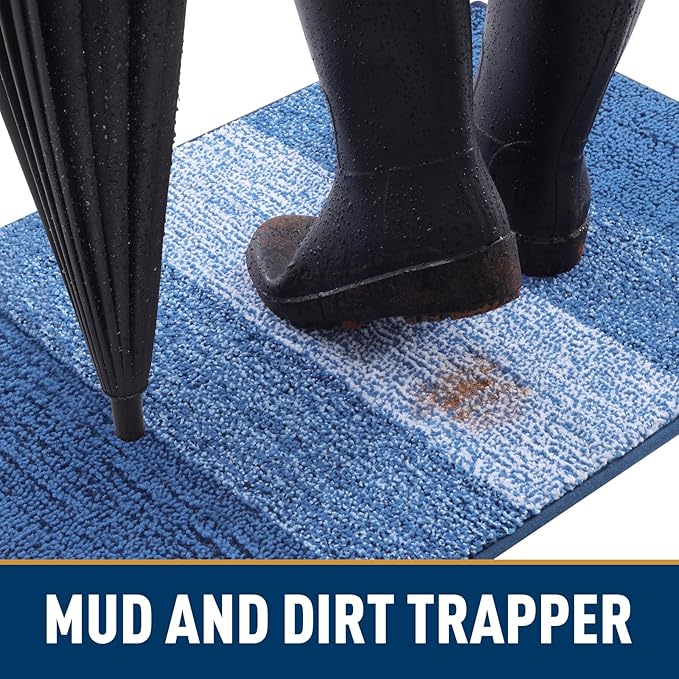 Smiry Dog Door Mat for Muddy Paws, Absorbs Moisture and Dirt, Low-Profile Entryway Mat with Non-Slip Backing, Entry Indoor Outdoor Doormat for Inside Floor (48x30 Inches, Navy Blue, Striped)