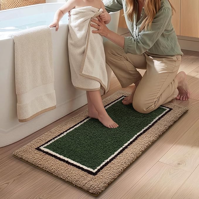 DEXI Bathroom Rugs 24x16, Absorbent Extra Soft Plush Microfiber Bath Mat for Bathroom, Non Slip Washable Bathmat Quick Dry for Shower Floor, Sink, Tub, Laundry Room, Beige and Green