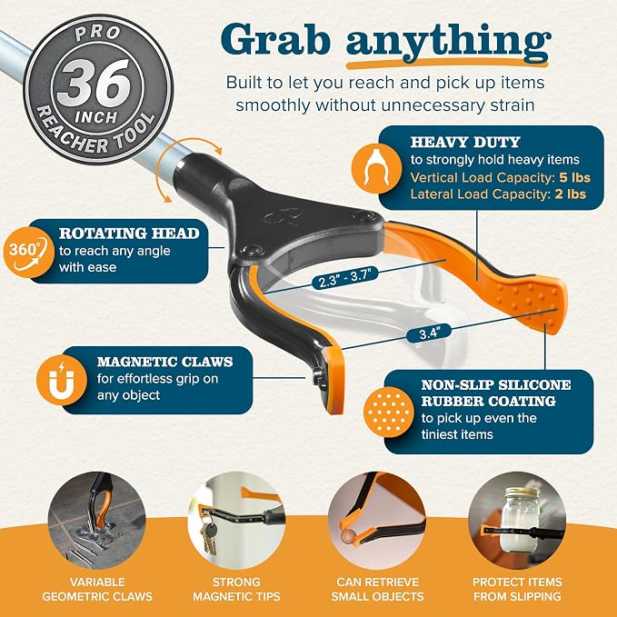 EZPIK Pro 36" Flexible Folding Grabber Tool for Elderly + Magnets, Reacher for Disabled & Seniors Heavy Duty Rotating Grippers for Reaching Underneath, Trash Grabbers & Dressing Stick