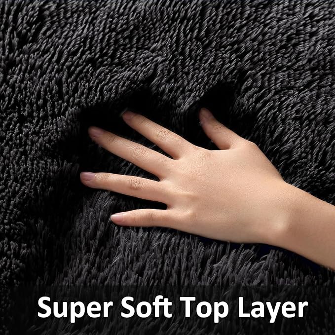 Ophanie Small Rug Washable Non Slip Throw Bedside Area Rugs, Fluffy Soft Mini Bedroom Carpet, 1.5x2.5，1.5x4 and 1.5x5 Rug Set, 3 Piece Black