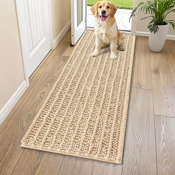 Smiry Dog Door Mat for Muddy Paws 59x20, Absorbent Dirt Trapper, Non-Slip Washable Chenille Entryway Rug for Inside Floor, Beige, Layered Pattern