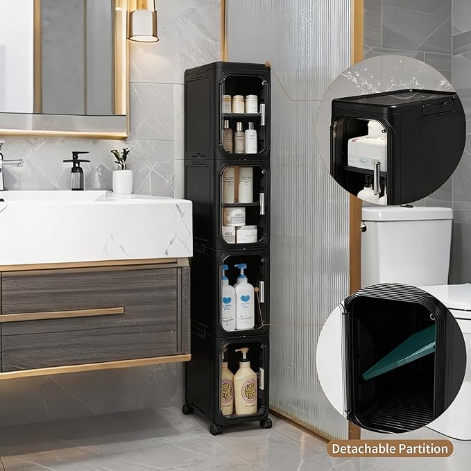 LXLXXL 5-Tier Narrow Storage Cabinet Slim Bathroom Storage Cabinet with Movable Wheels Tall Bathroom Organizer Skinny Cabinet for Small Spaces, Black