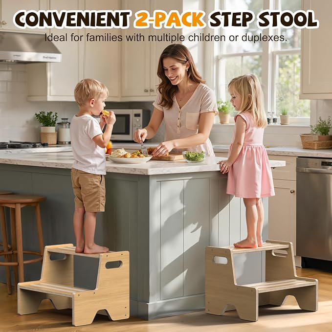 Step Stool for Toddler, Sturdy Wooden 2-Step Stool with Anti-Slip Surface and Pads for Barthroom, Kitchen, Bedroom, Toilet, and Potty Training - 2 Pack