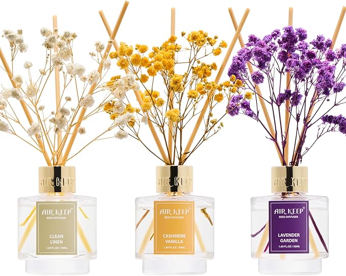 Airkeep Reed Diffuser Set of 3,Clean Linen Cashmere Vanilla Lavender Garden Oil Reed Diffusers for Bedroom Living Room Office Aromatherapy Oil Reed Diffuser for Gift 50ml x 3