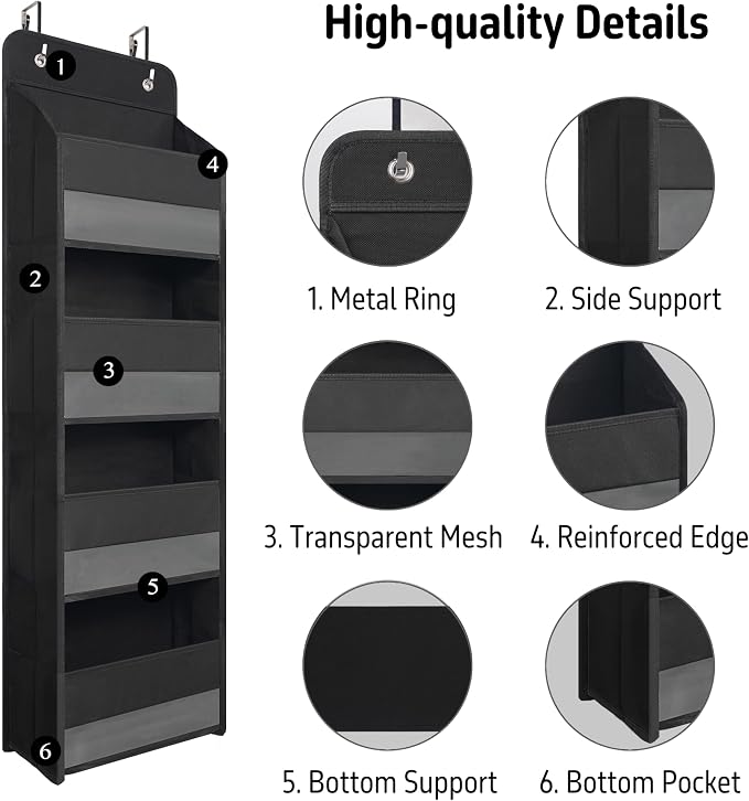 Giraffe Creation Compact Black Over Door Organizer with 4 Large Clear Pockets, Compact Hanging Door Storage for Bathroom, Dorm, Bedroom, Closet, Toiletries
