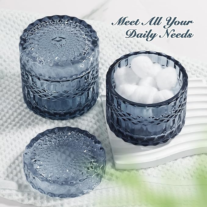 Blue Bathroom Accessories 4Pcs, Diamond Glass Bathroom Accessory Set, Bathroom Set with Soap Dispenser, Blue Bathroom Decor with Toothbrush Holder, Qtip Holder for Bathroom, Countertop