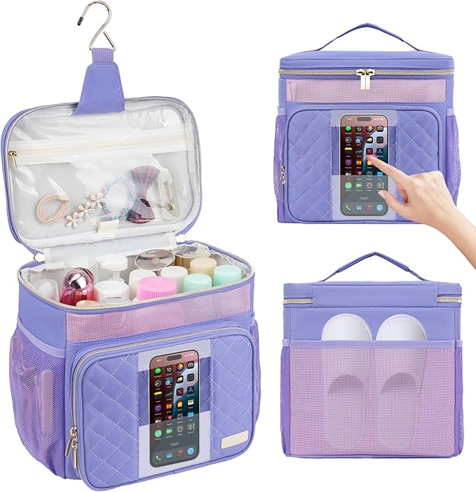 Portable Shower Caddy College Dorm Essentials (Full Size Bottle Compatible), Toiletry Bag for Women Men, Hanging Makeup Organizer Bag for Travel,Gym & Camping,Purple