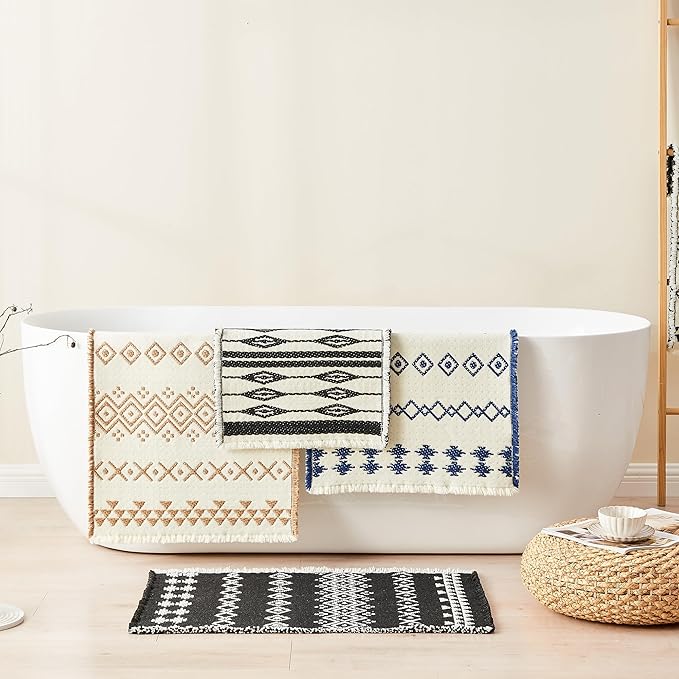 Douceur Boho Bath mat for Bathroom Floor Non Slip, Acrylic Blend Cute Bath Rugs with Tassels, Farmhouse Bathroom Rugs with Geometric Tribal Ethnic Pattern Design in Black and Cream White, 20" x 32"