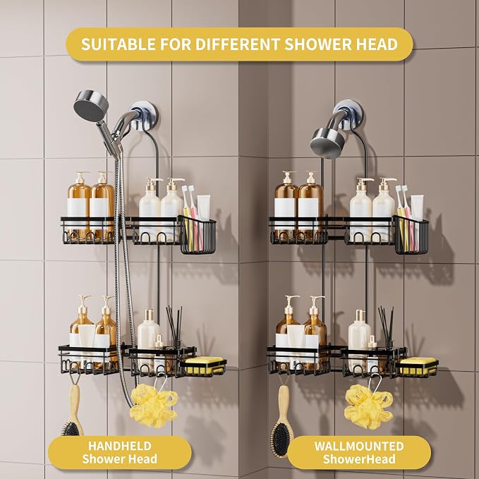 DAOYA Shower Caddy Hanging - Shower Caddy for Handheld Shower Heads with Soap holder, Toothbrush Holder & Suction Hook, Universal 0.82-inch Fit with Non-Slip Rubber Pad, Black