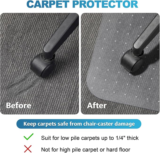 Thickened Chair Mat for Carpet - 47”X 35.5” Heavy Duty Office Chair Mat for Low-Pile Carpeted Floors. Carpet Protector for Office Computer Desk Chair. Easy Rolling, Clear