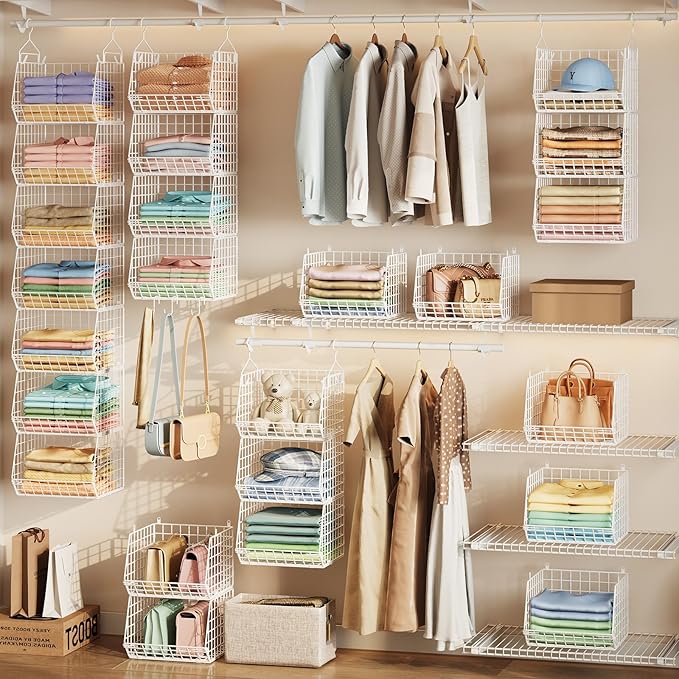 7 Tier Hanging Closet Organizer and Storage, Foldable Wire Closet Shelving with 4 Large Hooks+5 S Hooks,Hanging Basket for Clothes Sweaters Shoes Handbags,Wardrobe Kitchen Laundry Room-White