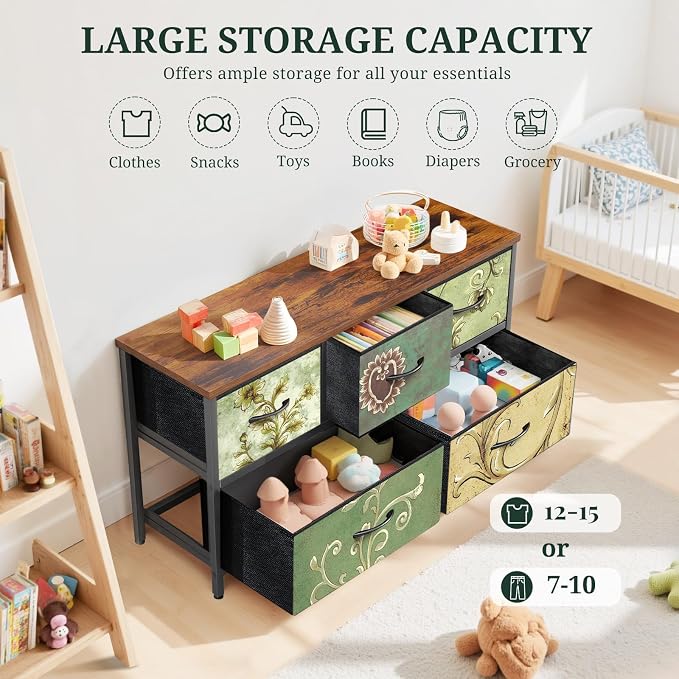 5-Drawer Dresser for Bedroom, Anti-Tip Wide Storage Organizer Fabric Chest of Drawers TV Stand for 45" TV with Wooden Top and Metal Frame for Closet, Living Room, Hallway, Entryway, Floral Painted