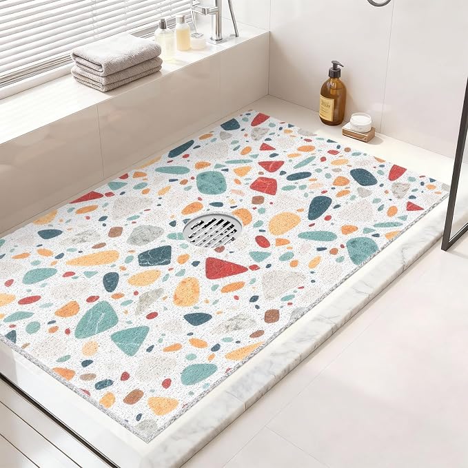 Non Slip Shower Mat: 32x24 Inch Extra Large Shower Mats for Inside Shower with Drain Hole in Middle - Soft PVC Loofah Anti Slip Shower Floor Mat for Standing and Walk-in Shower, Quick Drying