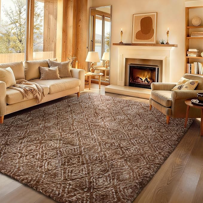 Ophanie 8x10 Brown and White Diamond Striped Rugs for Living Room,Large Fluffy Shag Fuzzy Plush Soft Carpets, Shaggy Rug for Bedroom, Carpet for Kids Boys Girls Dorm Nursery Home Decor Aesthetic