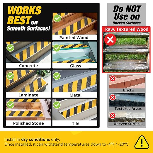 Black and Yellow Non Slip Strips for Steps 30" x 4" 12-Pack Outdoor Stair Treads - Waterproof Anti Slip Grip Tape for Safety Walk - Strong Adhesive Caution Tape for Floor and Ramps by Thunder Grip