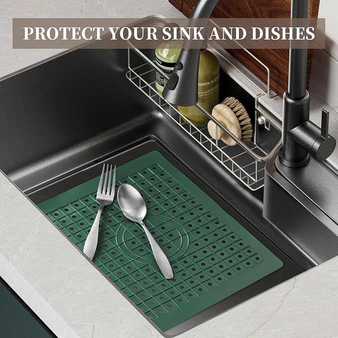 WILLKOMMEN Kitchen Sink Mat, 12" x 10" Dish Drying Mat, Sink Protector Mats for Bottom of Kitchen Sink, Fast Draining Sink Mats Grid, 2 Pack Dark Green