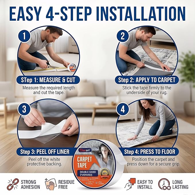 ETERART Heavy Duty Double Sided Carpet Tape - Fiberglass Reinforced, Residue-Free Rug Tape for Hardwood Floors & Tile - Hand Tearable, Anti-Slip Safety for Kids & Pets (2" x 10 Yards, White)
