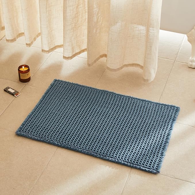 TYUU Waffle Bath Mat, Boho Bathroom Rugs Non Slip Washable Super Absorbent Quick Dry Bath Mat Farmhouse Bathroom Decor, 30"x20" Denim Blue