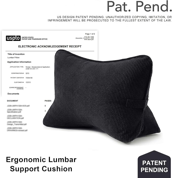 Pat. Pend. Corduroy Lumbar Support Pillow for Sitting, Triangle Cushion for Sofa, Couch or Bed, Reading Pillow for Gaming, Watching TV & Relaxing, Lamp Black
