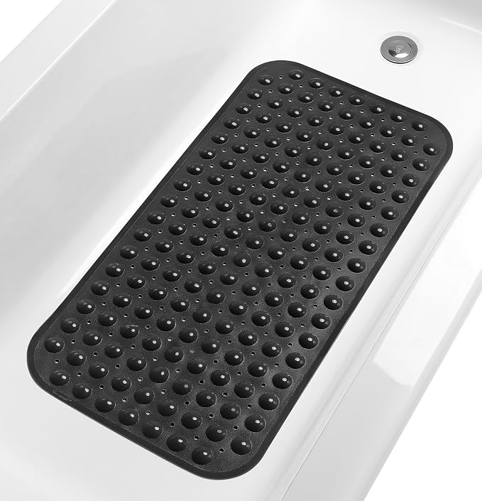 Large Non-Slip Bathtub & Shower Mat 31 inch x16 inch (Smooth/Non-Textured Tubs Only) Safe, Clean, Machine-Washable, Superior Grip&Drainage, Vinyl, Opaque Black, Medium
