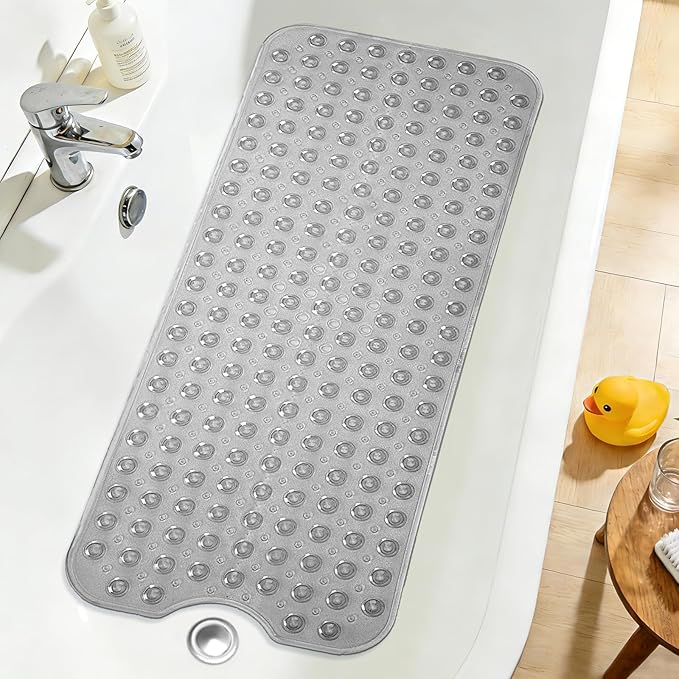Extra Long Bathtub Mat Non Slip, Clear Gray Soft Bath Mat for Tub 40 x 16 Inch Full Size, Bath Tub Shower Mats for Bathroom Floor, Big Suction Cups and Drain Holes, Easy Washable, BPA Free