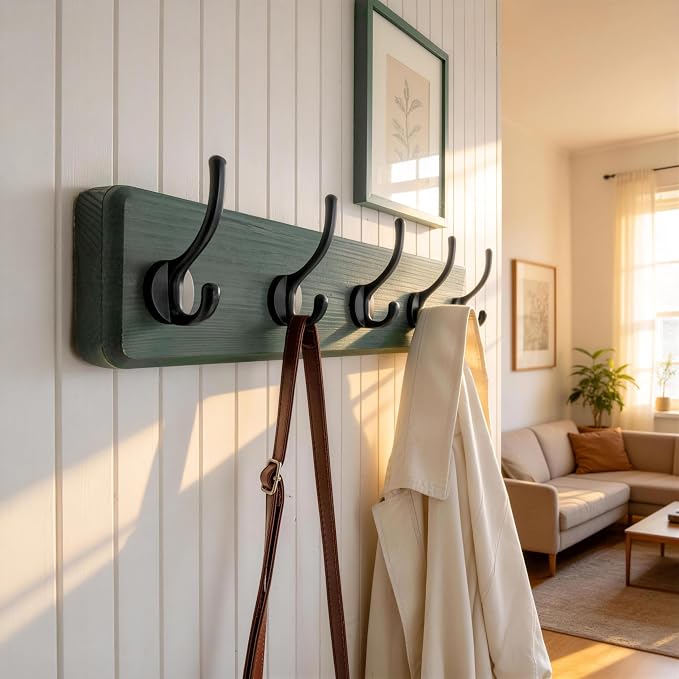 Dseap Coat Rack Wall: Patented, Heavy-Duty, 5-Double-Hooks Wooden Wall Mounted Coat Rack Coat Hanger Hook Rail for Winter Coats Hat Jacket Clothing, Weathered Green