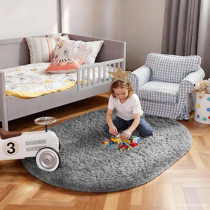Ophanie 3x5 Oval Rug, Bedside Preppy Dorm Area Rug, College Essentials Non Slip Grey Small Carpets for Bedroom, Anti Slip Fluffy Gray Living Room Rugs Home Decor Aesthetic, Nursery