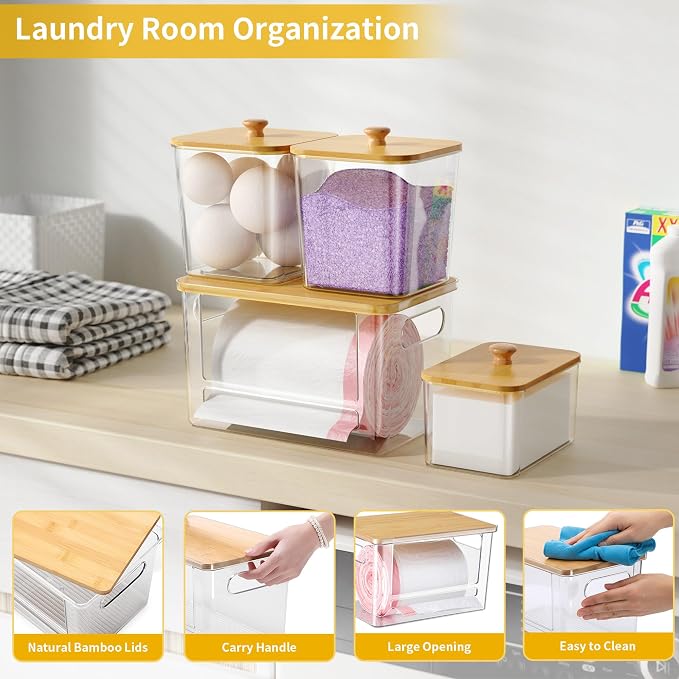 Extra Large Trash Bag Holder 4 Pack Garbage Bag Dispenser Roll Holder with Lid Laundry Room Organizer Under Sink Stackable Storage, Wall Mounted Laundry Dryer Sheet Holder Clear Pod Container