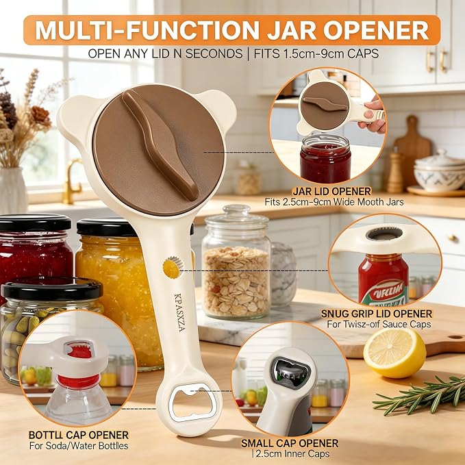 Jar Opener for Weak Hands,4 in 1 Multi-Purpose Jar Openers,Adjustable Jar Opener,Multi-Functional Bottle Openers with Non-Slip Grip for Wine Bottle,Perfect for Arthritis and Weak Hands (Beige)