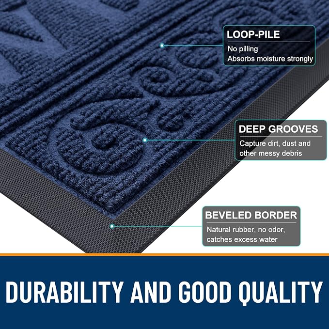 OLANLY Welcome Door Mat Indoor Outdoor Entrance, Heavy Duty Sturdy Front Door Mat, Waterproof All-Weather Doormat, Stain Resistant, Low Profile, Easy Clean Patio Entryway Mat, 47 x 32, Navy Blue