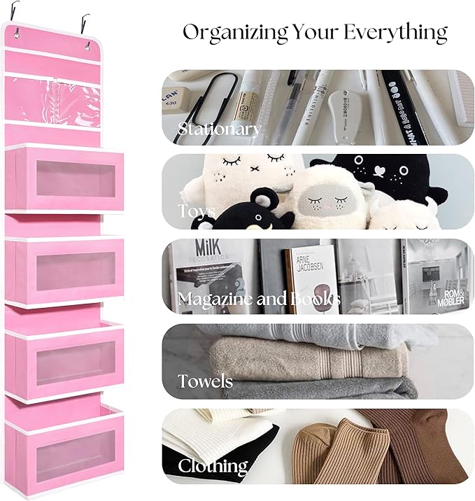 Giraffe Creation Pink Over Door Organizer with 4 Large Clear Pockets, Hanging Door Storage for Nursery, Bedroom, Bathroom, Closet, Toys, Diapers, Cosmetics, Baby Essentials