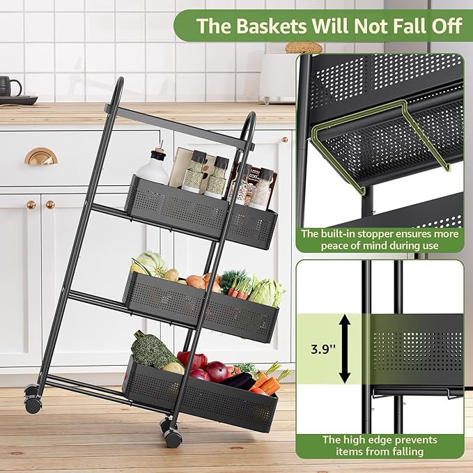 KINGRACK 4-Tier Slim Storage Cart with 3 Pull Out Basket, Rolling Bathroom Organizer Utility, Metal Shelving Unit Slide Out, Lockable Wheels, Easy Assembly for Narrow Place, Kitchen, Office, Black