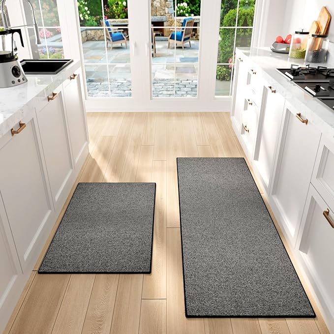 SUMLANS Kitchen Mat Set of 2 PCS, Cushioned Non Slip Rugs for Kitchen Floor, Absorbent Runner Comfort Standing Mats Washable for Kitchen, Office, Home (Black-Velvet, 17.3"x47"+17.3"x30")