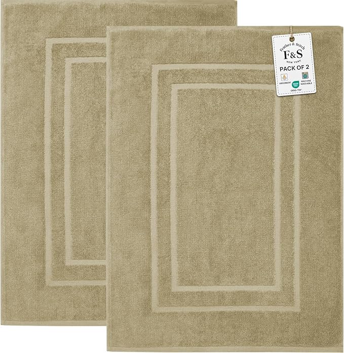 Feather & Stitch 2 Piece Towel Like Bath Mats (30x21 Inch) 100% Cotton Terry Bath Mats, Bathroom Shower Floor Mats [NOT A Bathroom Rug], Soft Absorbent Washable Mats - Linen