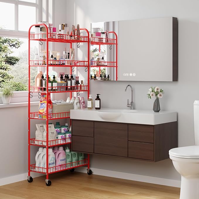 Slim Rolling Storage Cart, 6 Tier Metal Kitchen Rolling Utility Cart with Lockable Wheels for Kitchen, Bathroom, Laundry Room, Small Narrow Spaces (Red 10 Inches)