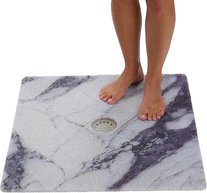 Shower Mat with Center Drain Hole - Secure Loofah Non Slip Shower Mats for Inside Shower - 27x27 Square Bath Mats for Shower - Anti Slip Shower Stall Mat - Square Shower Floor Mat (27x27 Blue Gray)