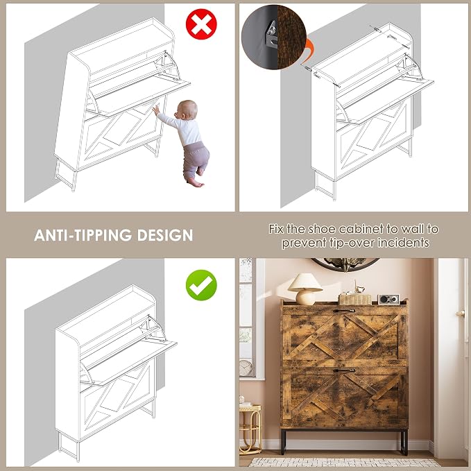 Nicetree Shoe Cabinet Organizer with 2 Flip Drawers, Freestanding Narrow Rack with Metal Legs, Farmhouse Slim Shoe Storage for Entryway, Foyer, Hallway, Rustic Brown