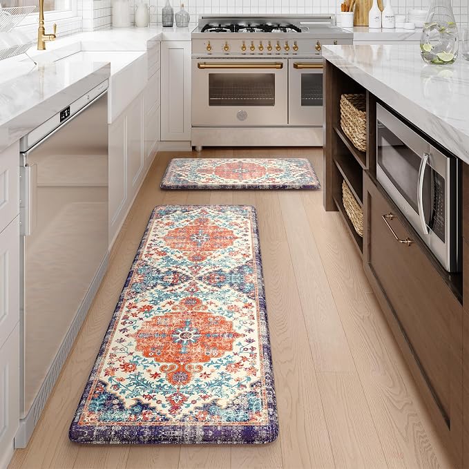 KIMODE Anti Fatigue Kitchen Mat, Boho Vintage Kitchen Rugs Sets of 2, Cushioned Non-Slip Kitchen Mats for Floor, Comfort Kitchen Floor Mats for Sink, Laundry, Desk Orange/Purple,17"x47"+17"x29"