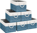Fab totes Storage Bins 6-Pack, Foldable Storage Baskets for Organizing Toys, Books, Shelves, Closet, Large Storage Box with Rope Handles, Sturdy Organizer Bins, White & Blue