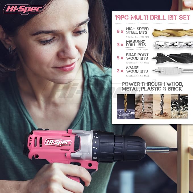 Hi-Spec Cordless Drill Tool Set: Pink Power Drill for Women used for DIY, Building and Fixing Tasks Easy to use All In One Set in Pink Color Stored in a Case 81 Pieces