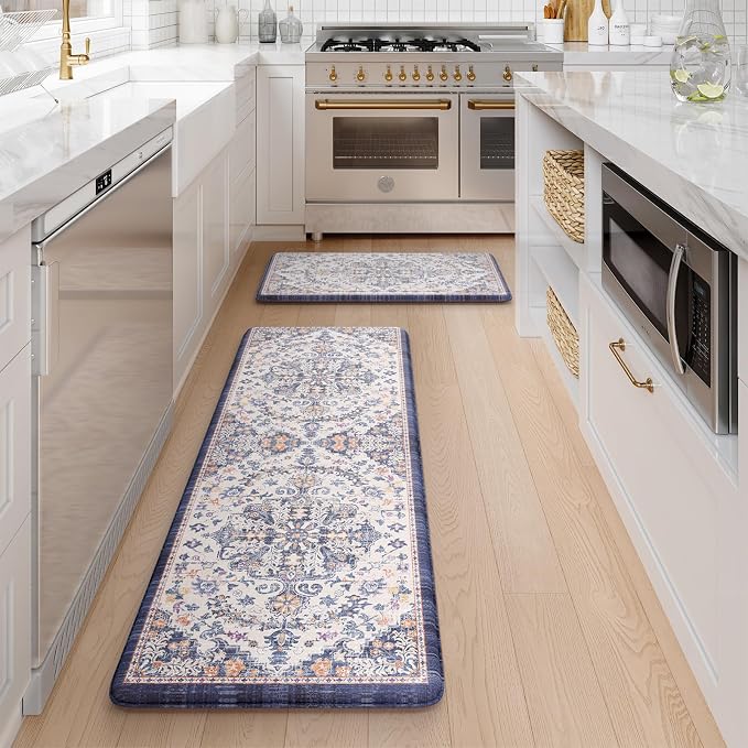 KIMODE Kitchen Mats for Floor, Boho Floral Blue Kitchen Rugs Sets of 2, Anti Fatigue Mats for Kitchen Floor, Cushioned Comfort Kitchen Floor Mats for Sink, Laundry, Desk,17"x47"+17"x29"