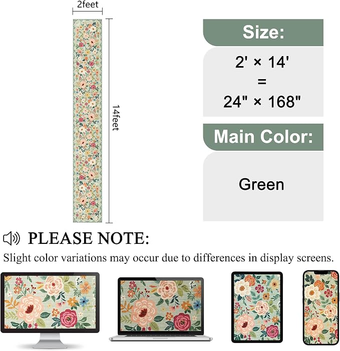 DUKINO 2x14 Runner Rug, Floral Long Washable Boho Kitchen Runner Rug with Non Slip Backing, Soft Non Shedding & Low Pile Carpet for Bedroom, Entrance, Laundry, Bathroom, Green