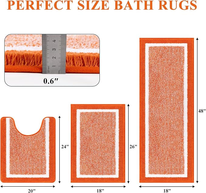 Pauwer Bathroom Rugs Sets 3 Piece Bathroom Shower Rugs with U-Shaped Contour Toilet Mat Absorbent Microfiber Plush Bath Mats Non Slip Bath Rugs Machine Washable Shaggy Bath Floor Mats, Orange